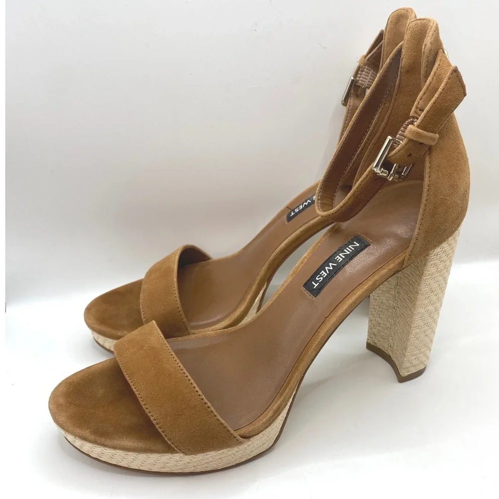 Nine West Womens Tan Suede Raffia Block Heel Platform Sandals Size‎ 8M Brown